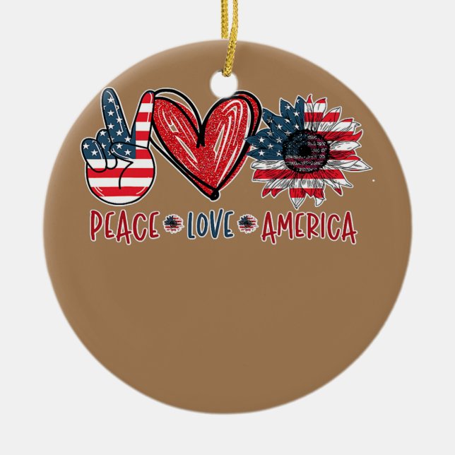 Sunflower Heart Sign Peace Love America 4th July Ceramic Ornament (Front)