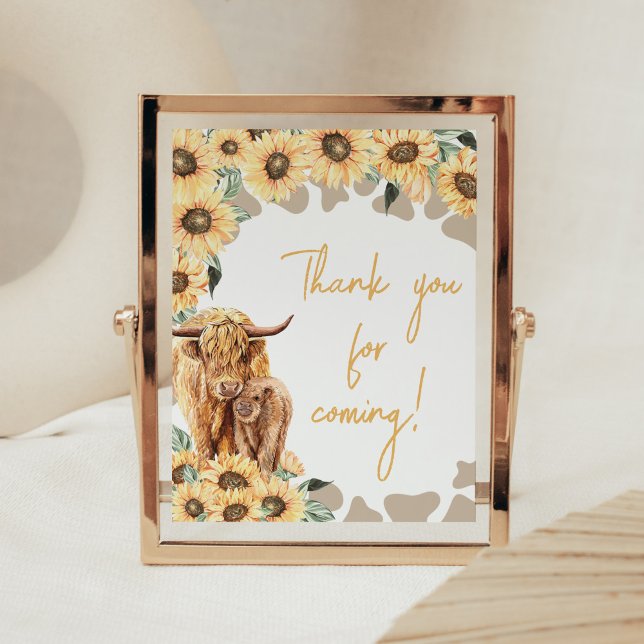 Sunflower Highland Cow Thank you for Coming Poster (Summer Holy Cow Baby Shower Thank you for Coming Sign)