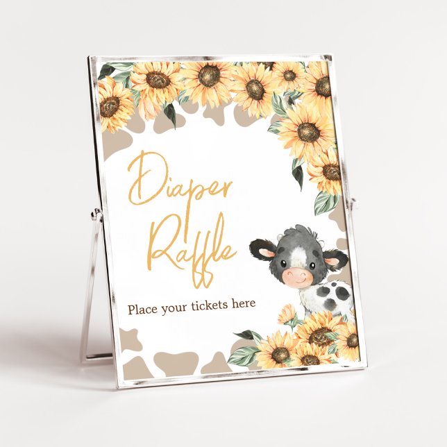 Sunflower Holy Cow Baby Shower Diaper Raffle Poster (Summer Highland Cow Baby Shower Diaper Raffle Sign)