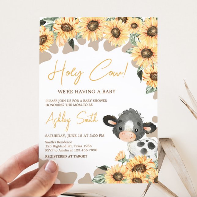 Sunflower Holy Cow Baby Shower Invitation (Summer Highland Cow Baby Shower Invitation)