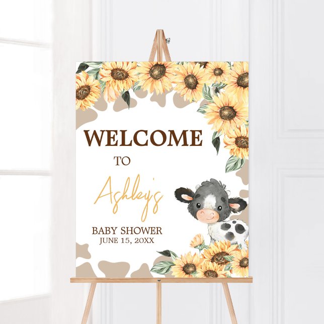 Sunflower Holy Cow Baby Shower Welcome Poster (Summer Highland Cow Baby Shower Welcome Sign)