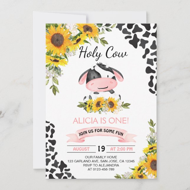 Sunflower Holy Cow Cow Print First Birthday Invitation (Front)