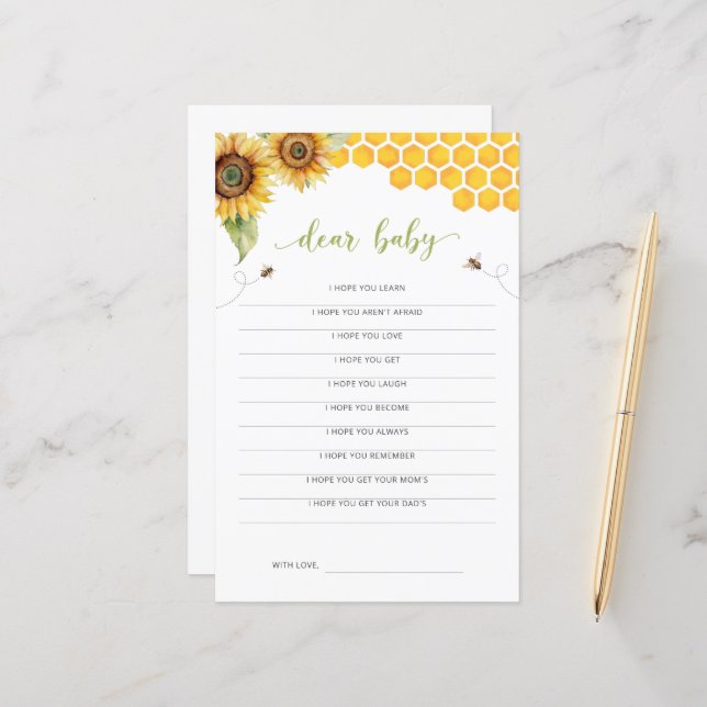 Sunflower Honey Bee Baby Shower Dear Baby Card (Front/Back In Situ)