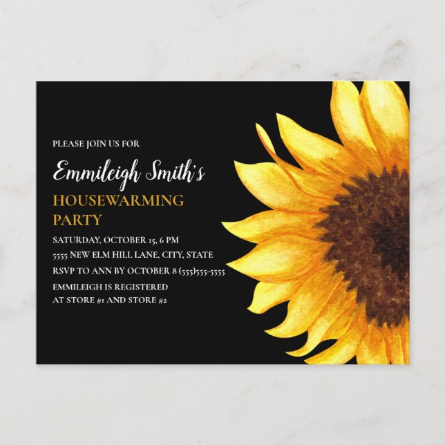 Sunflower Housewarming Party Yellow Black New Home Postcard (Front)