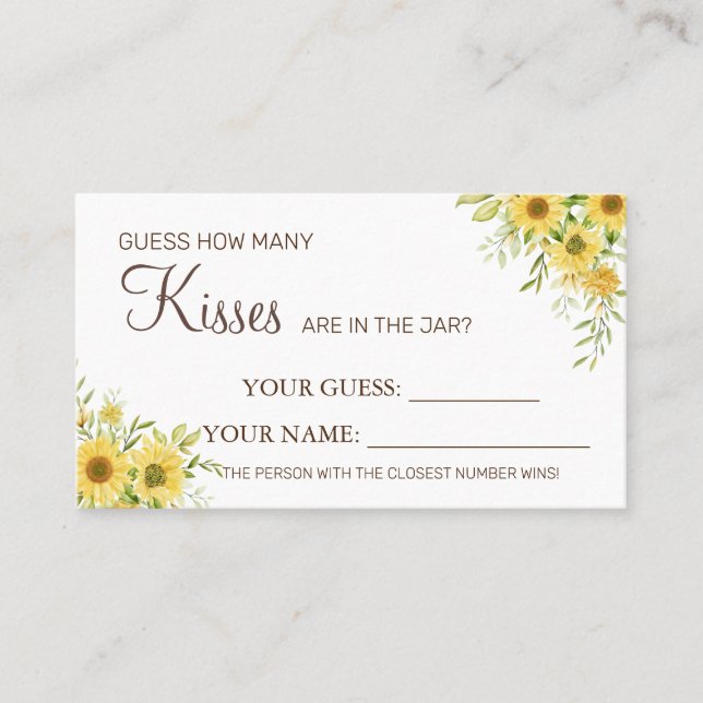 Sunflower How many kisses Bridal Shower card game (Front)