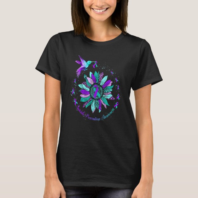 Sunflower Hummingbird Teal Purple Ribbon Suicide P T-Shirt (Front)