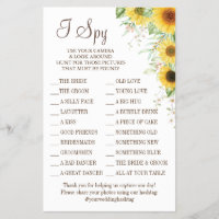 Sunflower I spy wedding reception game card