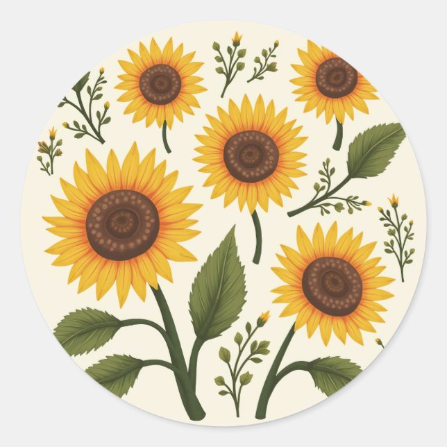 sunflower illustration classic round sticker (Front)