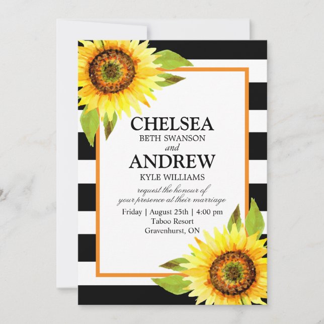 Sunflower Invitation Black White Stripes Card (Front)