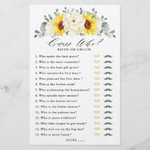 Sunflower Ivory Peony Bridal Shower Game Guess Who