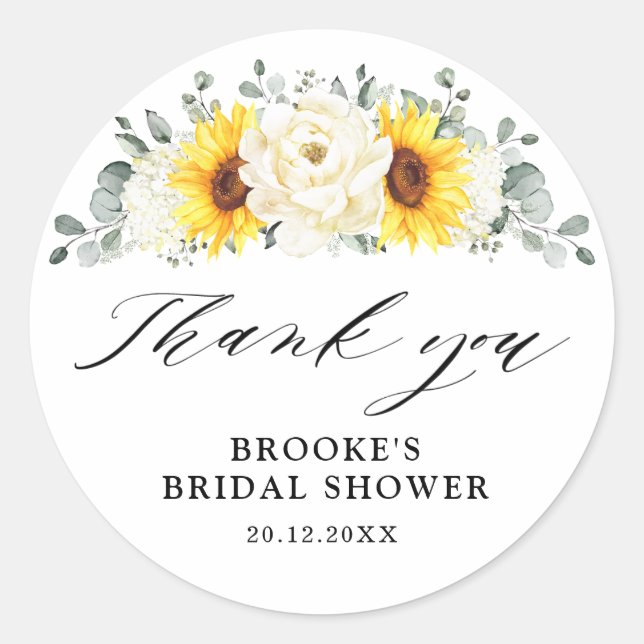 Sunflower Ivory Peony Bridal Shower Thank you Classic Round Sticker (Front)