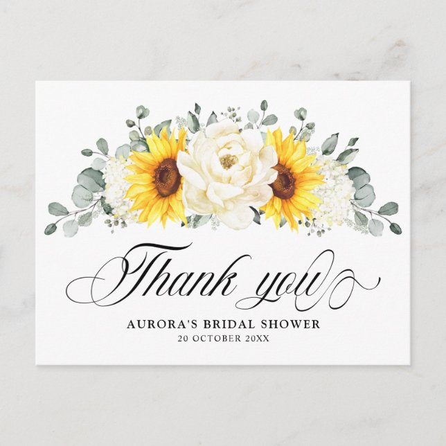 Sunflower Ivory Peony Bridal Shower Thank You Postcard (Front)