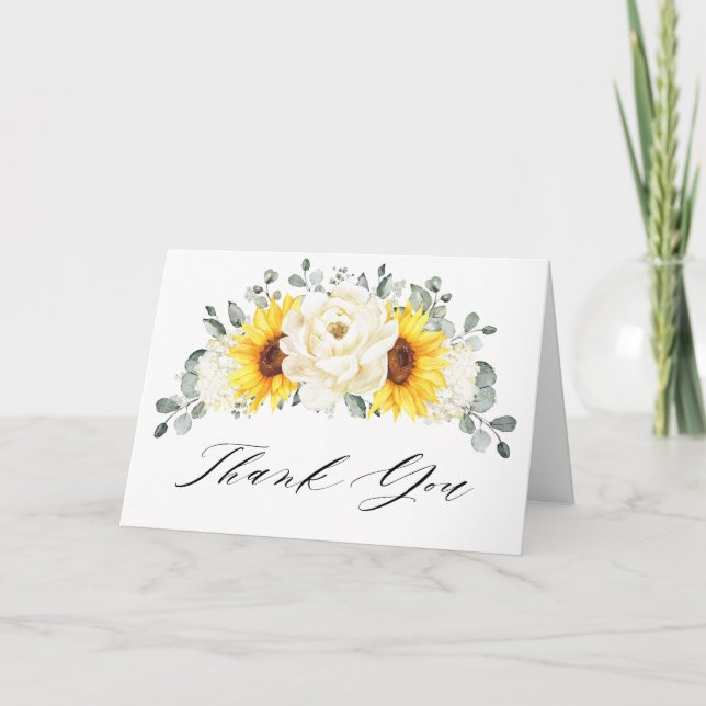 Sunflower Ivory Peony  Eucalyptus Bridal Shower    Thank You Card (Front)