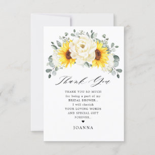 Sunflower Ivory Peony  Eucalyptus Bridal Shower    Thank You Card
