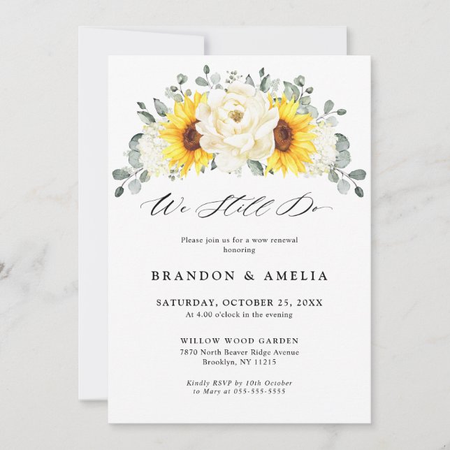 Sunflower Ivory Peony  Eucalyptus We still Do Invitation (Front)