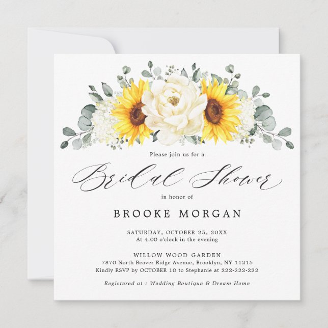 Sunflower Ivory Peony Floral Bridal Shower Invitation (Front)
