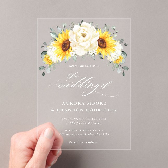 Sunflower Ivory Peony Floral Eucalyptus Wedding    Acrylic Invitations (Insitu (Handheld))