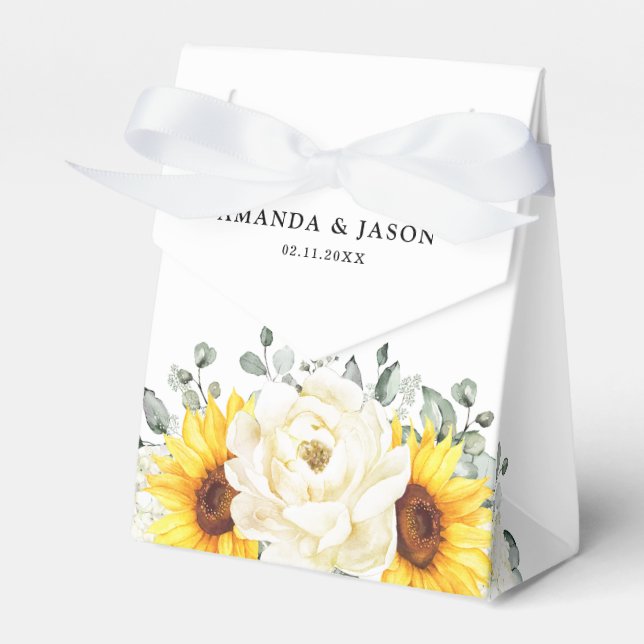 Sunflower Ivory Peony Floral Eucalyptus Wedding    Favour Box (Front Side)