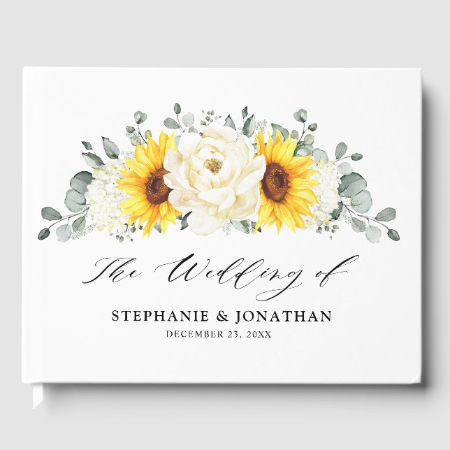 Sunflower Ivory Peony Floral Eucalyptus Wedding    Guest Book (Front)