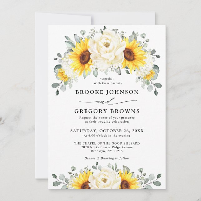 Sunflower Ivory Peony Floral Eucalyptus Wedding   Invitation (Front)