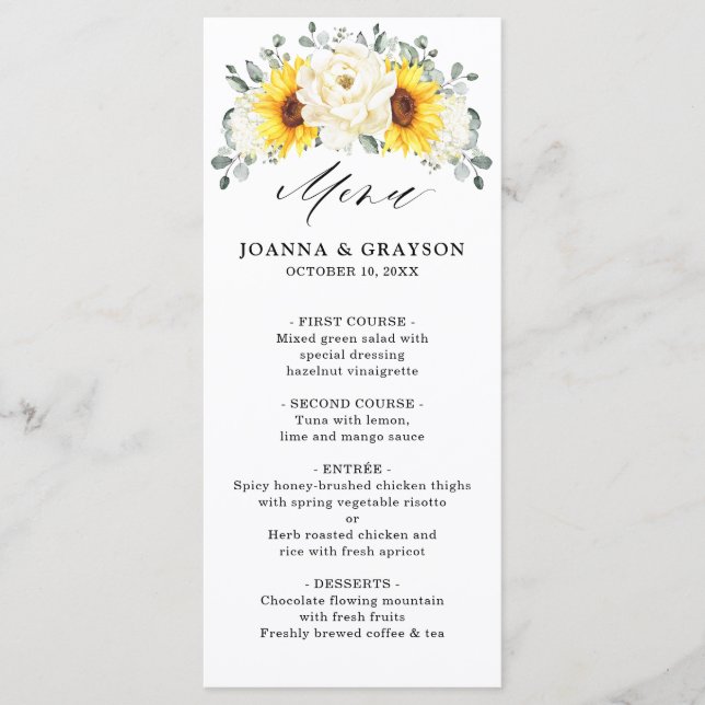 Sunflower Ivory Peony Floral Eucalyptus Wedding    Menu (Front)