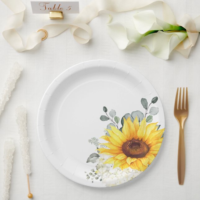  Sunflower Ivory Peony Floral Eucalyptus Wedding  Paper Plate (Wedding)