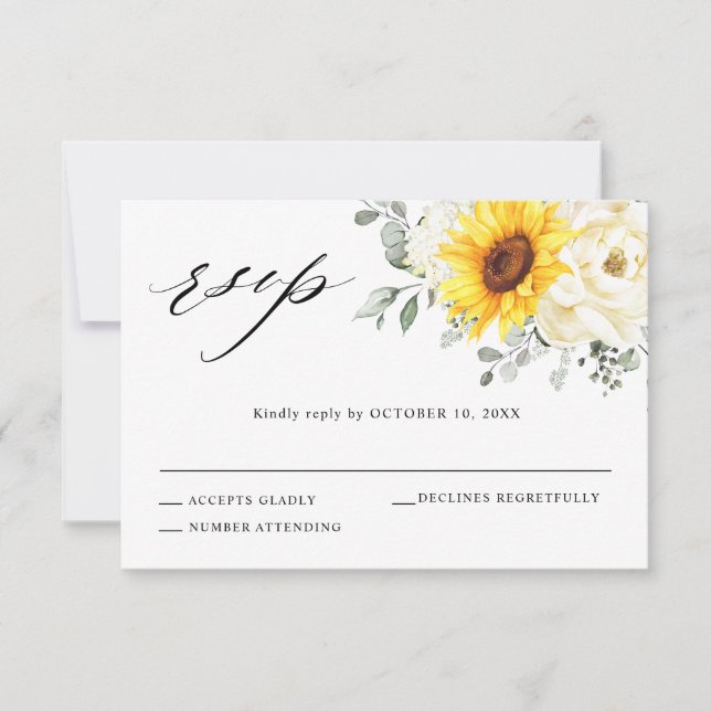 Sunflower Ivory Peony Floral Eucalyptus Wedding    RSVP Card (Front)