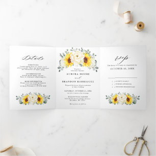 Sunflower Ivory Peony Floral Eucalyptus Wedding Tri-Fold Announcement