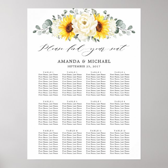 Sunflower Ivory Peony Floral Wedding Seating Chart (Front)