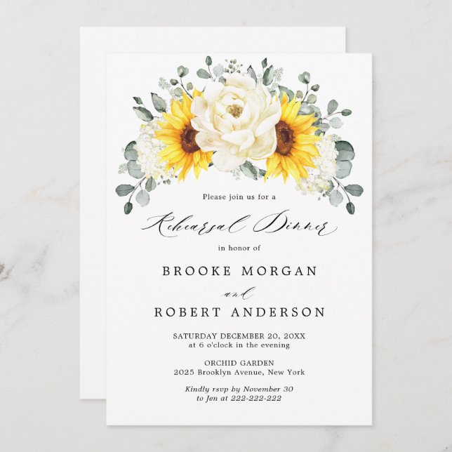 Sunflower Ivory Peony Rehearsal Dinner Invitation (Front/Back)