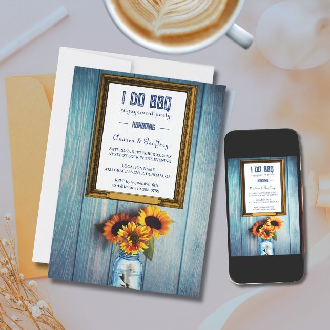 Sunflower Jar I DO BBQ Engagement Party Invitation (I DO BBQ invitations feature blue barn wood and sunflowers)