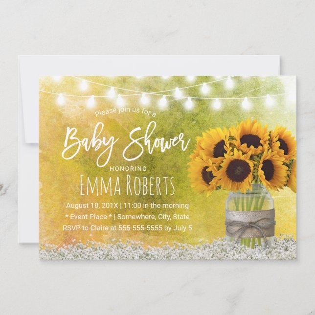 Sunflower Jar Rustic Floral Watercolor Baby Shower Invitation (Front)