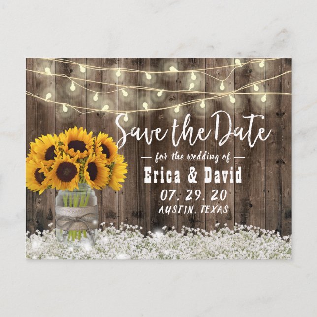 Sunflower Jar Rustic Floral Wedding Save the Date Announcement Postcard (Front)