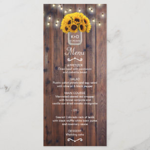 Sunflower Jar String Lights Rustic Wedding Menu