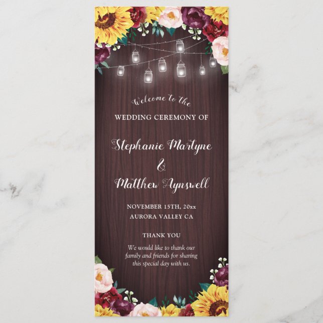 Sunflower Jars Lights Wood Burgundy Blush Wedding Program (Front)