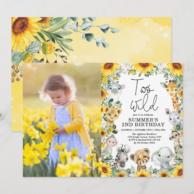 Sunflower Jungle Safari Two Wild Birthday Photo Invitation (Front/Back)