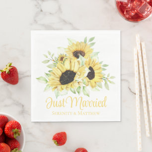 Sunflower Just Married Watercolor Floral Wedding Napkin