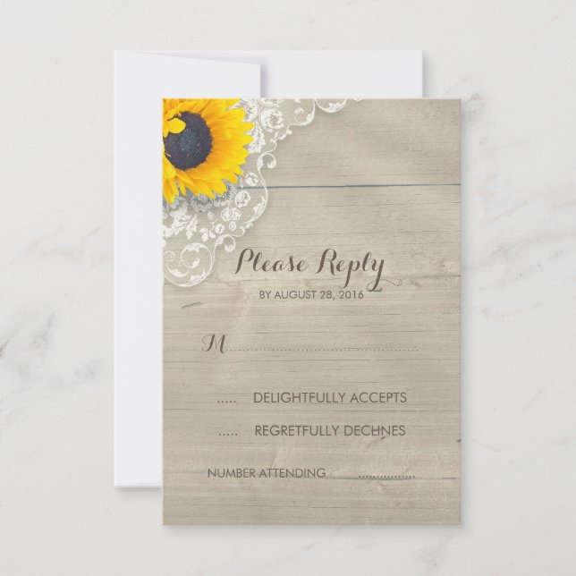 Sunflower Lace and Wood Rustic Wedding RSVP Card (Front)