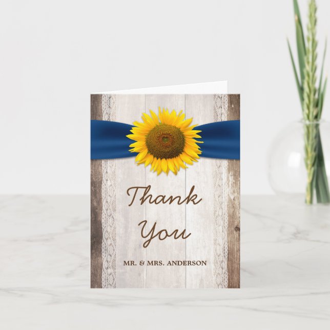 Sunflower Lace Navy Ribbon Barn Wood Thank You Card (Front)