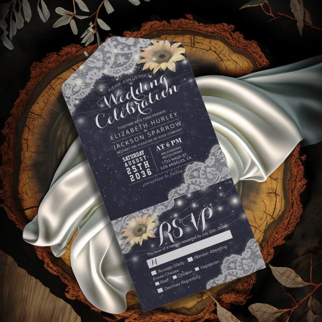Sunflower Lace String Light Navy Blue Wedding RSVP All In One Invitation (Creator Uploaded)