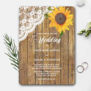 Sunflower Lace Wood Floral Wedding Invitation