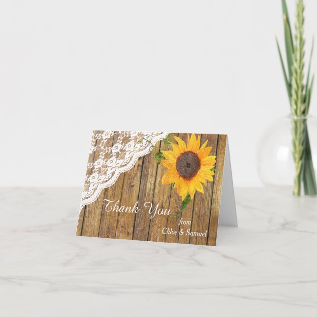 Sunflower Lace Wood Floral Wedding Thank You Card (Front)