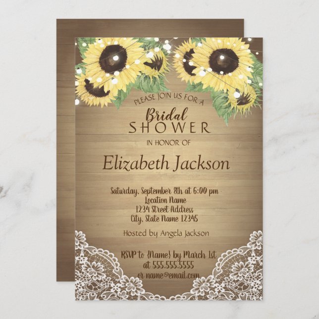 Sunflower, Lace,Wood,String Lights Bridal Shower Invitation (Front/Back)