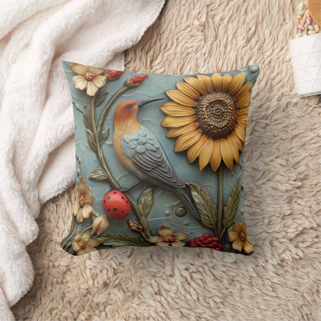 Sunflower Lady Bug Floral Throw Pillow (Blanket)