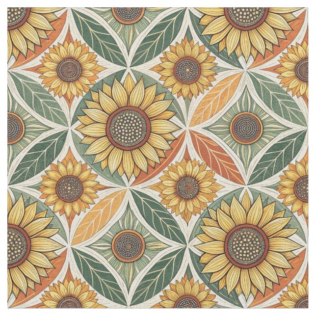 Sunflower & Leaf Pattern | Nature-Inspired Quilted Fabric (Close Up)