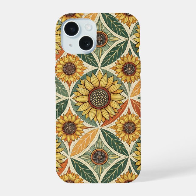 Sunflower & Leaf Pattern | Nature-Inspired Quilted iPhone 15 Case (Back)