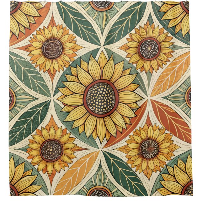 Sunflower & Leaf Pattern | Nature-Inspired Quilted Shower Curtain (Front)
