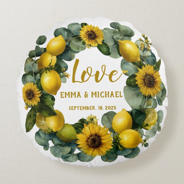 Sunflower Lemon Wreath Love Design Round Cushion (Front)