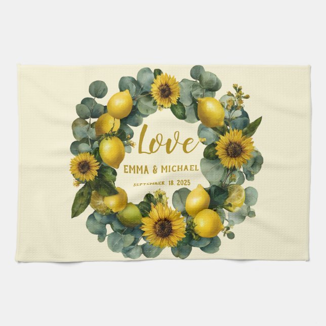 Sunflower Lemon Wreath Love Design Tea Towel (Horizontal)