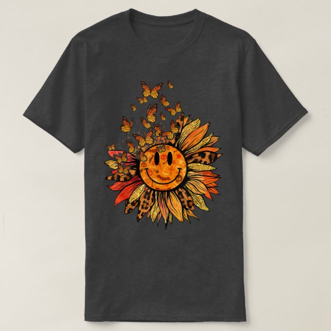Sunflower Leopard Butterfly Autumn Fall Retro Groo T-Shirt (Design Front)